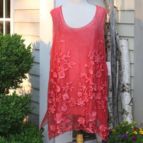 NEW Soft Surroundings Coral Silk Floral Embroidery on Cotton Sleeveless Tunic 3X - Picture 1 of 9